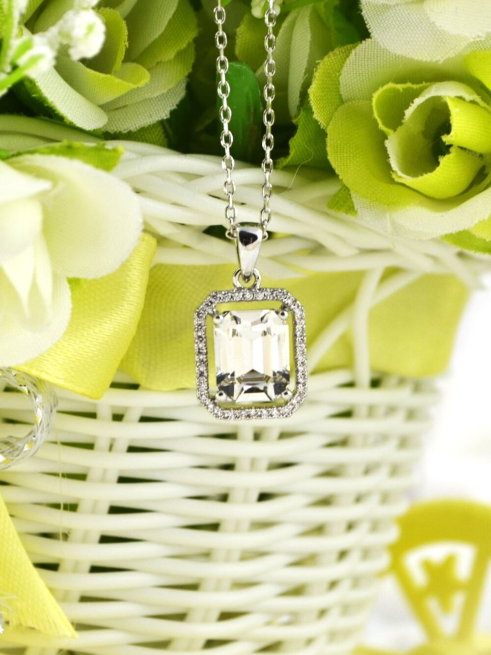 Emerald-Cut Halo Pendant Statement Necklace made with Swarovski Crystals, 18" - Picture 4 of 4